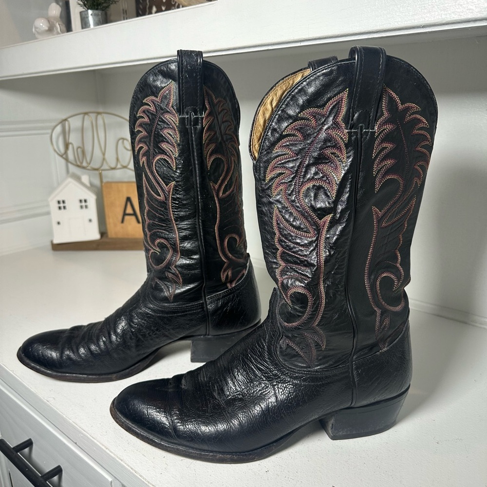 Vintage Black Western Cowboy Boots USA Made Size 10.5D Leather Embroidered Class